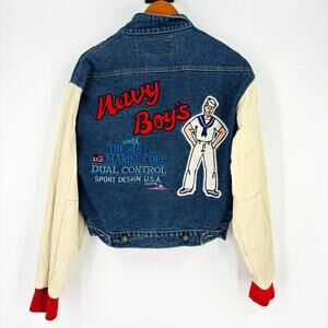 Vintage Dual Control Navy Boys Denim Jacket Small 90’s Leather Marines Embroider